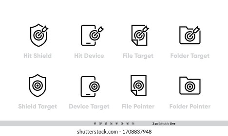 Conjunto vectorial de iconos de destino y Misión. Escudo, dispositivo, destino, archivo, carpeta con flechas. Pictogramas editables de trazo en fondo blanco.