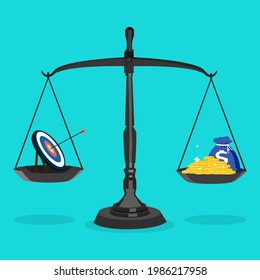 Targets and piles of money on the scales. financial goals vector