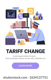 Conceito de mudança de tarifa funcionário aduaneiro usando laptop analisando gráficos de dados de comércio moedas pacotes símbolos financeiros plataforma digital