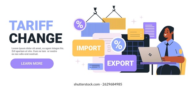 Ilustração do conceito de exportação de importação de alteração de tarifa. Pessoa no laptop com sinais de porcentagem e documentos de contêineres de remessa. Tema comercial