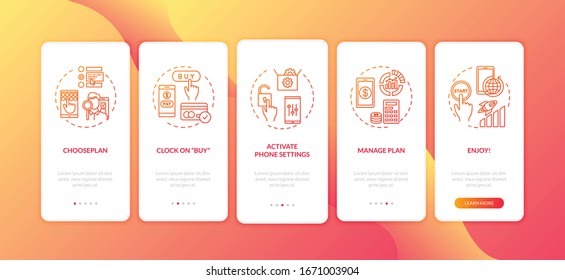 Tariff choice and buying onboarding mobile app page screen with concepts. Mobile settings activation walkthrough 5 steps graphic instructions. UI vector template with RGB color illustrations