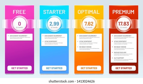 Tariff comparison list. Tariffs plans, price banners and choice prices plan banner template vector illustration