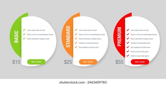 Bloque de tabla de comparación de tarifas con tres opciones - Plantilla de diseño plano de Web UI - Tarifas Básicas, Estándar, Premium - tres columnas de información con opciones en diferentes colores - Vector infografías