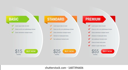 Tariff-Vergleichstabelle - Web UI Chart Template - Basic, Standard, Premium Tarife - drei Spalten mit verschiedenen Farboptionen - Infografiken zur Vektorillustration