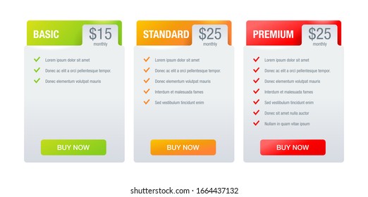 Tariff-Vergleichstabellen - Web-UI-Vorlage - Basis-, Standard-, Premium-Tarife - drei Spalten mit verschiedenen Farboptionen - Informationen zur Vektorillustration einzeln