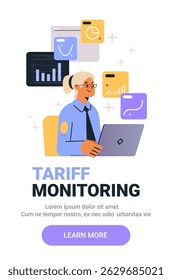 Tariff monitoring businesswoman analyzing data charts graphs on laptop. Professional attire with abstract background elements. Modern web design template