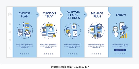 Plantilla vectorial de activación del plan arancelario. Configuración de gadget, control de costos de teléfono móvil. Sitio web móvil de respuesta con iconos. Pantallas de paso del tutorial de la página web. Concepto de color RGB