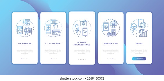 Tariff plan buying onboarding mobile app page screen with concepts. Smartphone settings activation walkthrough 5 steps graphic instructions. UI vector template with RGB color illustrations