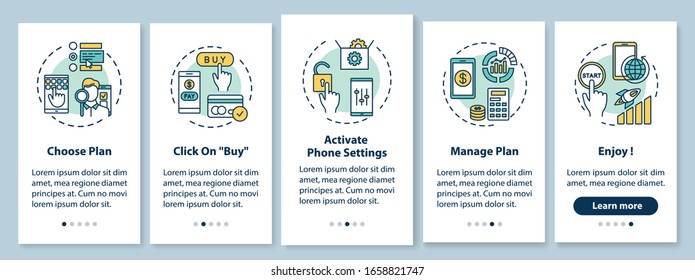 Tariff plan choice onboarding mobile app page screen with concepts. Internet service buying and activation walkthrough 5 steps graphic instructions. UI vector template with RGB color illustrations