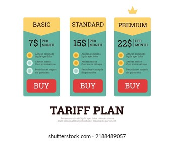 Diseño de la tabla de precios del plan de tarifas y de la suscripción de productos. Plantillas de hoja de cálculo del plan de suscripción establecidas con pestañas y opciones de elección de tarifas, ilustración vectorial.