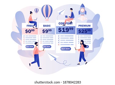 Tariff plans concept. Price list options plans for online services. Tiny people choose their plan type. Pricing table for business. Modern flat cartoon style. Vector illustration on white background