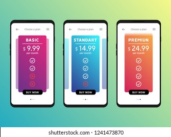 Tariff plans mobile Ui interface for web apps template.