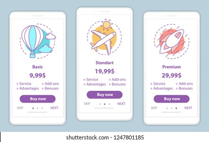 Tariff plans onboarding mobile app screens vector templates. Walkthrough website pages interface. Basic, standard, premium delivery service prices. Smartphone membership payment web page layout