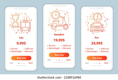 Tariff plans onboarding mobile app screens vector templates. Walkthrough website pages interface. Lite, standard, pro service prices. Smartphone subscription, membership payment web page layout