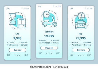 Tariff plans onboarding mobile app screens vector templates. Walkthrough website pages interface. Lite, standard, pro service prices. Smartphone subscription, membership payment web page layout