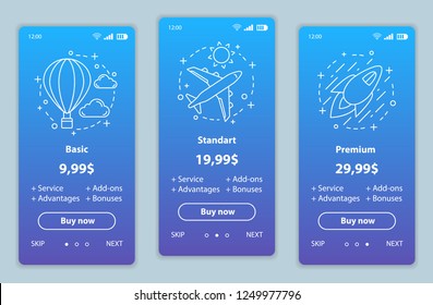 Tariff plans onboarding mobile app screens vector templates. Walkthrough website pages interface. Basic, standard, premium delivery prices. Smartphone subscription, membership payment web page layout