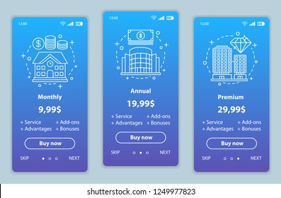 Tariff plans onboarding mobile app screens vector templates. Walkthrough website pages interface. Monthly, annual, premium service prices. Smartphone subscription payment web page layout