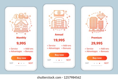 Tariff plans onboarding mobile app screens vector templates. Walkthrough website pages interface. Monthly, annual, premium service prices. Smartphone subscription payment web page layout