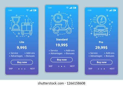 Tariff plans onboarding mobile app screens vector templates. Walkthrough website pages interface. Lite, standard, pro service prices. Smartphone subscription, membership payment web page layout