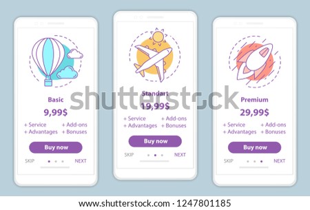 Tariff plans onboarding mobile app screens vector templates. Walkthrough website pages interface. Basic, standard, premium delivery service prices. Smartphone membership payment web page layout