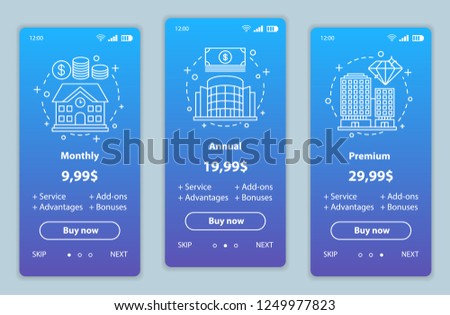 Tariff plans onboarding mobile app screens vector templates. Walkthrough website pages interface. Monthly, annual, premium service prices. Smartphone subscription payment web page layout