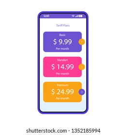 Tariff Plans, Packages App Smartphone Interface Vector Template. Mobile Operator Page Blue Design Layout. Prepaid Recharge Plans Screen. Flat UI For Application. Postpaid Billing Packs. Phone Display