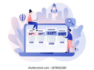 Tariff plans. Price list options plans for online services. Tiny people choose their plan type. Pricing table for business. Modern flat cartoon style. Vector illustration on white background