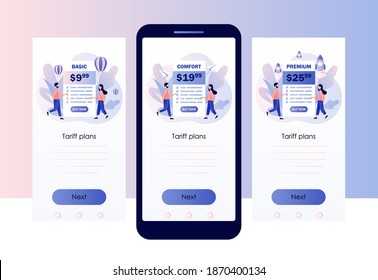 Tariff plans in smartphone app. Tiny people choose their plan type. Price list options plans for online services. Screen template for mobile smart phone. Modern flat cartoon style. Vector illustration