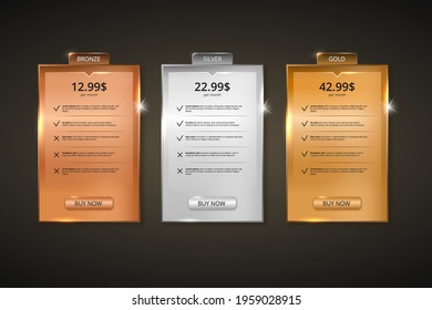 Tariff plans template. Starter bronze banner for interface testing and silver with enhanced business opportunities elite gold subscription for ultimate comfort and commercial vector plans