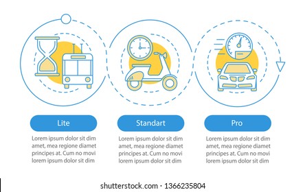 Tariff plans vector infographic template. Lite, standard, pro subscription, membership. Data visualization with three steps and options. Process timeline chart. Workflow layout with icons