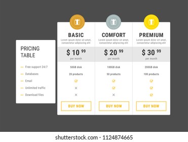 Tariff and prices template, vector illustration. Elegant black price list, gold frame, sparkle on geometric trendy triangles background. Package cost compare conceptual banner.