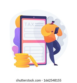 Tariff repay. Compensate for online services. Duty, task overlook, remuneration. Imputed cost and overtaxing. Man standing with phone in hands. Vector isolated concept metaphor illustration.