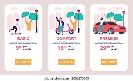 Tariff subscription plans. Basic, standard, premium. Price table. Mobile app screens. Vector banner template for website and mobile development. Web site and UI design illustration.