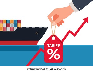 Tariff trade war concept with container ship. A hand raises a tariff sign as a cargo ship and the rising trend line indicates rising trade costs. Stock illustration