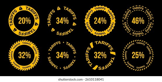 Tariff Warning Labels With Percentage Signs In Circular Badge Shapes, Bold Typography, And Caution Symbol On Black Background. Vector Illustration