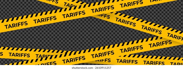 Tariff Warning Tape with Diagonal Yellow Stripes on Transparent Background. Economic Trade Restriction Concept for Crisis or Regulation Scenes. Vector Illustration.