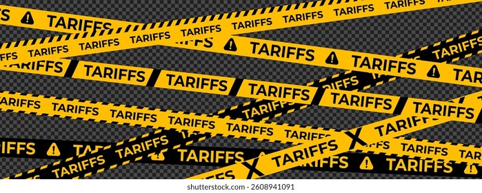 Tariff Warning Tape Set in Black and Yellow with Transparent Background. Caution Ribbons with Text Tariffs and Danger Signs. Fencing tape. Vector Illustration