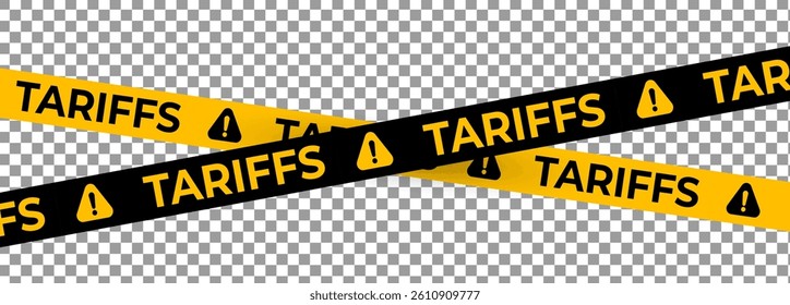 Tariff Warning Tape Set in Yellow and Black with Exclamation Icons. Transparent Background for Economic Crisis, Import Tax, and Trade Restriction Themes. Vector Illustration.