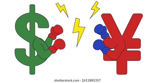 Tariff Wars between China and USA vector illustration. Dollar and yuan money Sign box character. Chinese and american money isolated transparent background. EPS 10