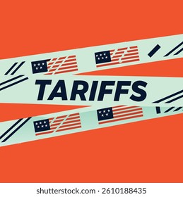 Tariffs concept vector with American flags and caution tape layout. Bold economic trade design suitable for global trade, finance, news, politics, and international policy topics.