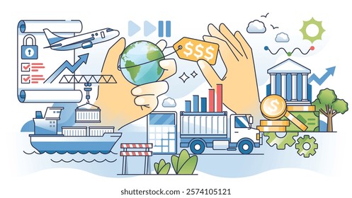 Tariffs depict global trade with a globe, price tag, and ship. Outline style