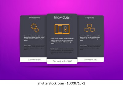 Tariffs and price list. Web elements. Plan hosting. Vector design for web app. Pricing table, banner, button, list and bullet.