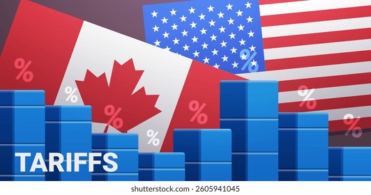 Tariffs trade war Canada USA flags economic impact bar graph percent symbols blue red background