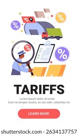 Tariffs trade war concept illustration featuring a customs officer inspecting documents with a magnifying glass truck warehouse percentage symbols colorful elements