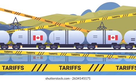 Tariffs trade war concept illustration featuring freight train with Canadian flag tankers crossing landscape wrapped in tariff tape. Ideal for economic conflict themes