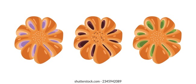 Taro Bread,Red Bean Bread and Custard Bread isolated on white background.