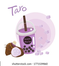 Taro bubble milk tea or milk cocktail. Glass of drink with tubule. Illustration of bubble tea or milkshake on white background.