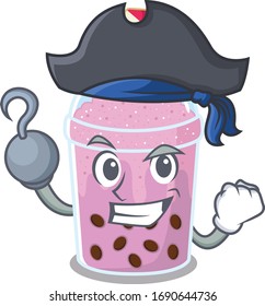Taro bubble tea cartoon design style as a Pirate with hook hand and a hat