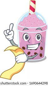 Taro bubble tea mascot character design with a menu on his hand