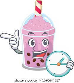 Taro bubble tea mascot design concept smiling with clock